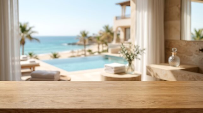 Empty wooden table mockup with blurred luxury resort background for summer vacation product display website banner.