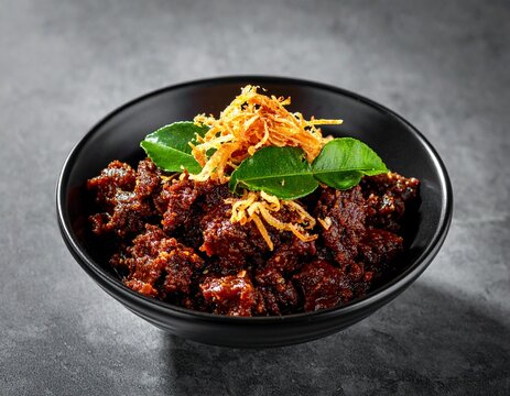 Authentic Indonesian Beef Rendang Served in Black Bowl with Fried Shallots and Kaffir Lime Leaves