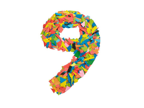 Colorful abstract number nine design with confetti pattern isolated on white background