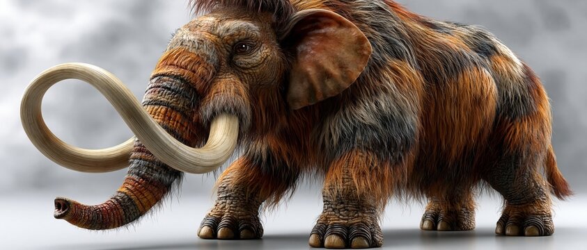A realistic digital rendering of a woolly mammoth with curved tusks standing against a blurred background.