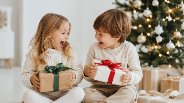 Laughing girl and boy hold wrapped Christmas gifts beside a decorated tree, sharing joyful sibling excitement on a festive holiday morning.