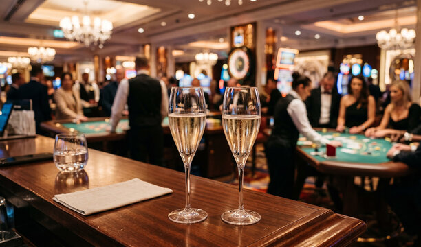 Title	
Elegant champagne flutes filled with a light-colored sparkling wine on a bar counter, with a blurred casino interior and gambling table