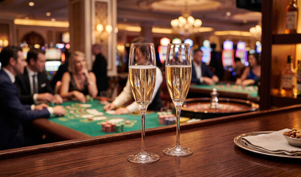 Title	
Elegant champagne flutes filled with a light-colored sparkling wine on a bar counter, with a blurred casino interior and gambling table