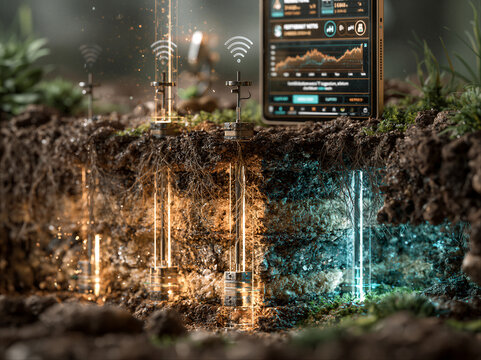 Photorealistic soil cross-section with smart sensors transmitting data to a tablet, cinematic warm earth and cool blue lighting, precision agriculture marketing background with copy space