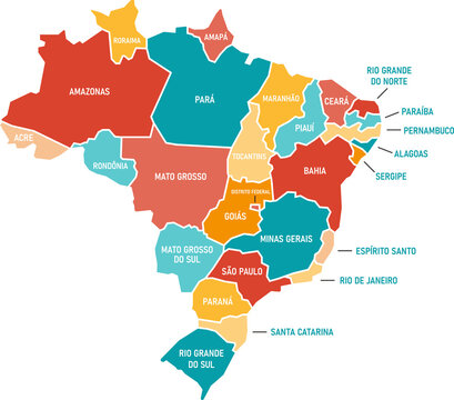 Colorful map of Brazil with states names isolated on transparent background