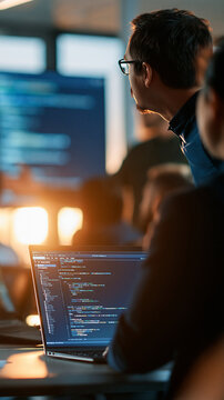 rear view of an asian male software developer presenting programming code projected on a bright screen during a team meeting, silhouette composition, technology presentation,