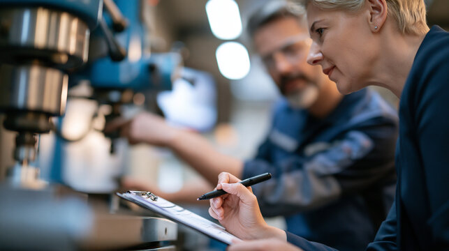 over the shoulder view of an apprenticeship program coordinator reviewing a skills assessment checklist while a tradesperson demonstrates technique on industrial machinery in a