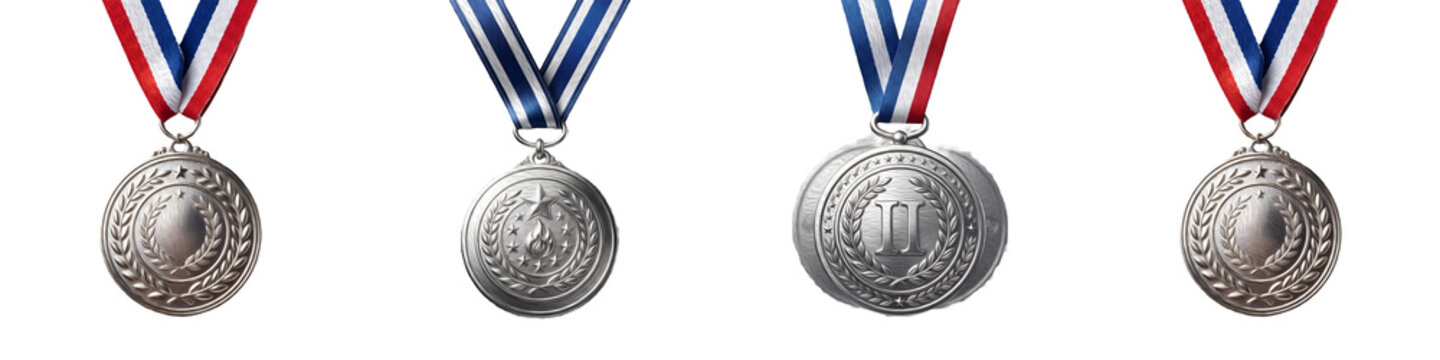 Set of Silver Sports Medals with Ribbons Isolated on White Background