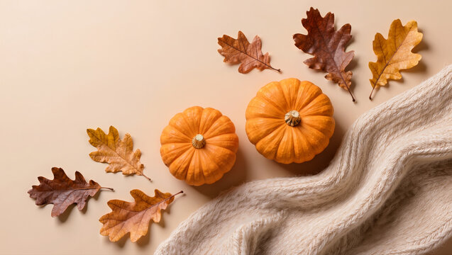 Orange pumpkins, dried oak leaves, and a soft knitted blanket create a cozy autumn flat lay with warm seasonal charm and copy space.
