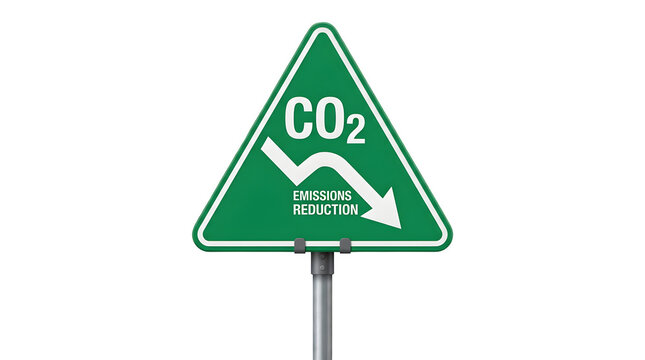 Green road sign indicating carbon dioxide emission reduction concept isolated on white background with climate change carbon footprint arrow down green energy