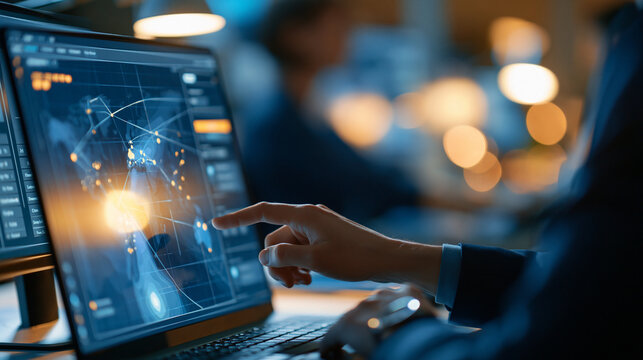 over the shoulder view of a business analyst creating a digital heatmap on a bright screen, cropped composition, data analysis, business intelligence, strategic planning,