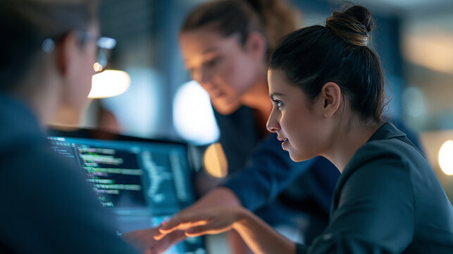over the shoulder view of two female software engineers collaborating on computer code in a bright modern office, cropped composition, software engineering, teamwork, mentorship,