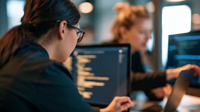 over the shoulder view of two female software engineers collaborating on computer code in a bright modern office, cropped composition, software engineering, teamwork, mentorship,