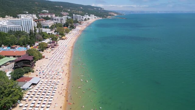 Aerial View of Golden Sands Beach and Resort Coastline in Bulgaria