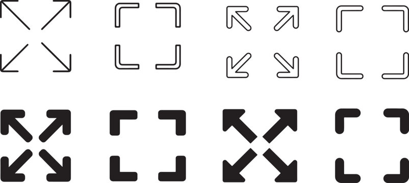 Black and white fullscreen and expand vector icon for display controls, interfaces, apps and websites.