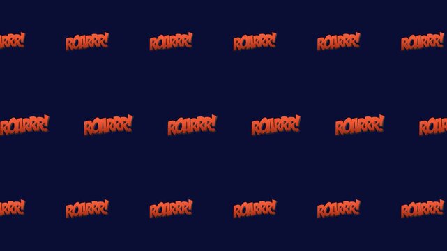 Animated ROARRR comic text pulses across repeating rows in bold pop art style, evoking action and superhero energy for playful transitions.