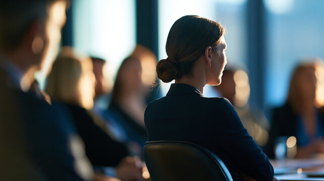 rear view of business professionals seated in a bright seminar room attending an hr presentation, silhouette composition, workplace ethics training, human resources, professional