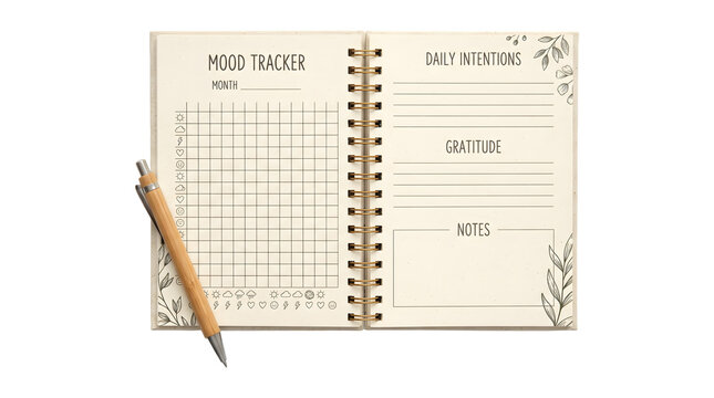 Open journal with mood tracker and daily intentions page with a wooden pen isolated on transparent background