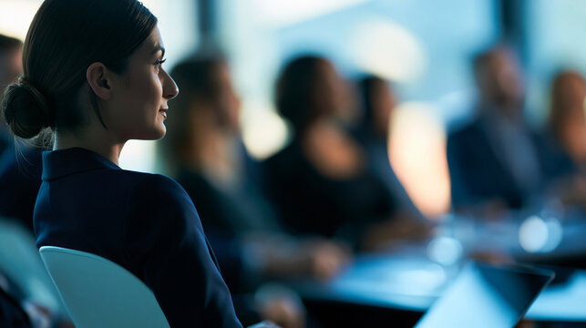 rear view of business professionals seated in a bright seminar room attending an hr presentation, silhouette composition, workplace ethics training, human resources, professional