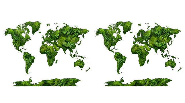 Two world maps made of green leaves representing environmental awareness and global ecological sustainability with environmental awareness ecological isolated