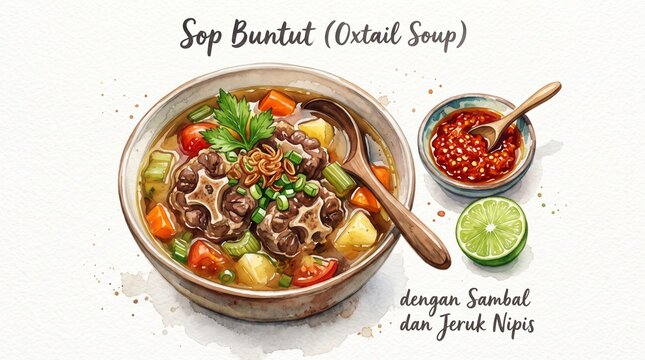 A detailed watercolor illustration of traditional Indonesian oxtail soup, known as Sop Buntut, served in a blue ceramic bowl with potatoes and carrots, accompanied by a wooden spoon and side of spicy 