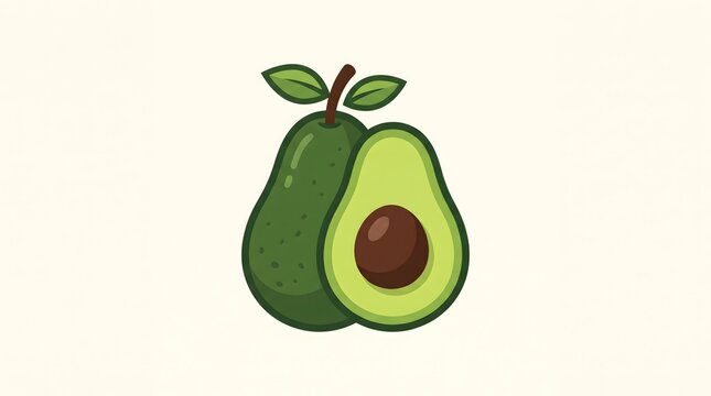 Minimalist vector illustration of a whole green avocado and a halved avocado with a brown pit, isolated on a light plain background