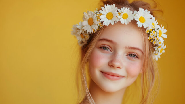 Smiling Girl Wearing Daisy Flower Crown on Yellow Background