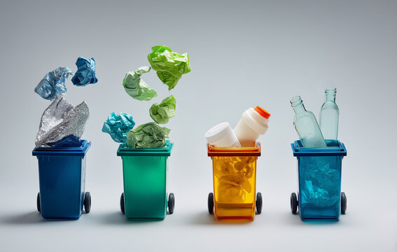 Different types of waste in color-coded trash bins showing recycling process and waste management