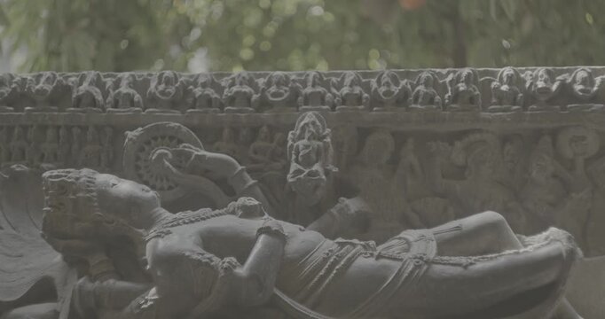 Ancient Statue Sheshashayi Or Shesha Also Known Like Sheshanaga Is Serpentine Demigod -naga- And King Of Serpents nagaraja Ungraded C LOG 2. God Vishnu Is Resting On Shesha, Accompanied By His Consort