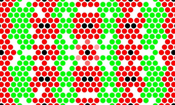 Seamless vibrant red and green dot matrix pattern with hexagonal circular bead grid on a white background
