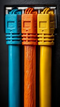 Three colorful ethernet cables plugged into a dark background port.