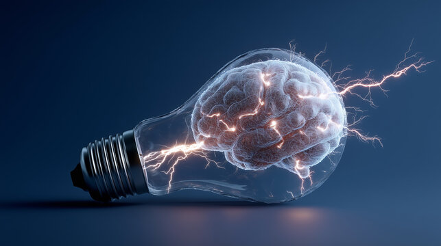 Brain inside a light bulb with electric sparks in a dark background