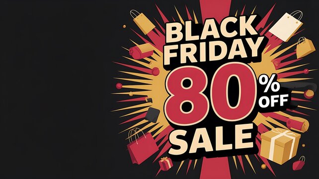 Black friday sale banner with eighty percent discount text surrounded by colorful shopping bags and gift boxes