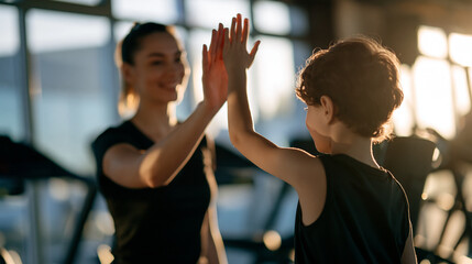 Fototapeta premium rear view of a child giving a high five to a female trainer in a bright gym after a workout session, silhouette composition, youth fitness program, mentorship, motivation, healthy