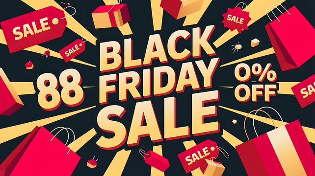 Black friday sale promotional banner with eighty eight percent off discount and red gift boxes background