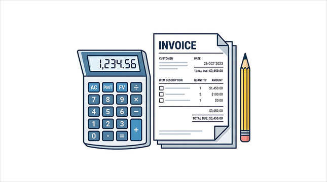 Flat line art illustration of a calculator, invoice document, and pencil representing accounting, tax calculation, and financial billing.