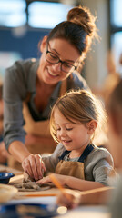 Obraz premium over the shoulder view of an art teacher guiding a young child shaping a clay animal in a bright classroom, cropped composition, creative learning, early education, tactile