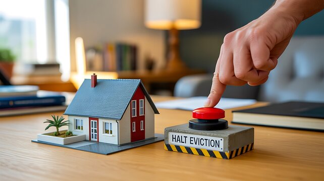 Hand pressing election button beside a miniature house in a home voting concept