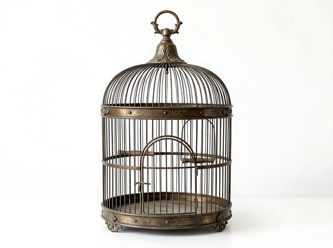 Decorative vintage bronze birdcage featuring detailed filigree base isolated on a white background for home decor.