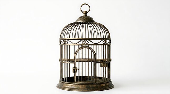 An empty vintage metal birdcage with domed top and hanging ring isolated against a clean white backdrop.