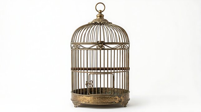 Antique bronze vintage birdcage with ornate filigree rim isolated on a solid white background in studio lighting.