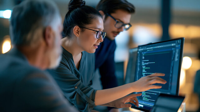 over the shoulder view of a senior software mentor and a young intern reviewing code on a bright monitor, cropped composition, collaborative debugging, technology training,