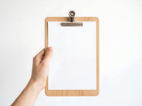 Blank white paper on wooden clipboard held by hand isolated on seamless white background for template.