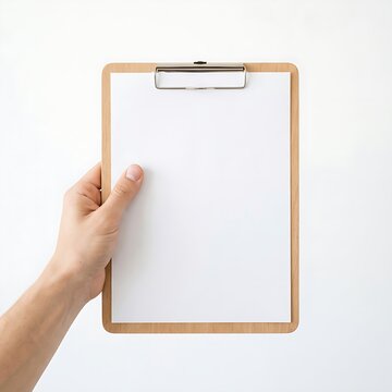 Hand holding blank wooden clipboard with white paper sheet isolated on white background for business mockup.