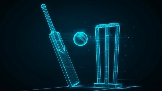 Cricket equipment with bat, ball and wickets in glowing blue wireframe design