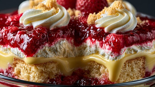 A macro culinary study highlighting the perfectly defined layers, silky custard, airy whipped cream, glossy fruit compote, and moist sponge cake inside a trifle dish with extraordinary realism