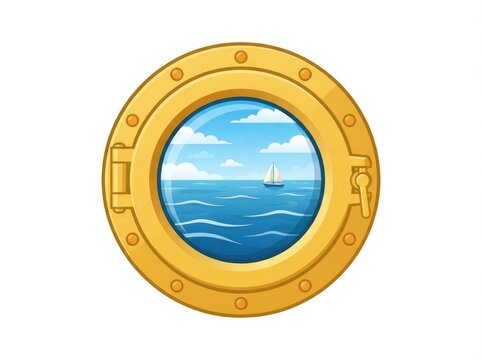 A circular golden brass ship porthole window showing a view of the ocean with a small sailboat on the horizon under a cloudy blue sky.