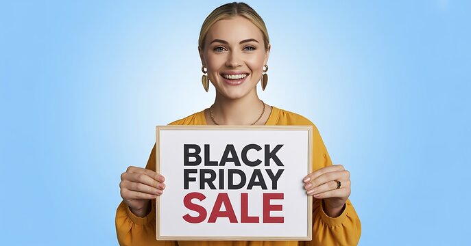 A smiling young woman holding a sign that says black friday sale against a light blue background