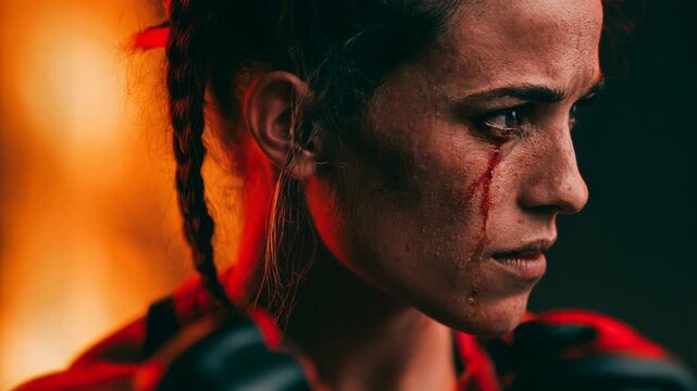 Intense female fighter with fiery background in dramatic portrait