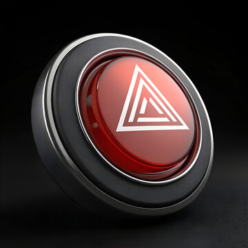A circular metallic button with a white triangle symbol is a 3d render